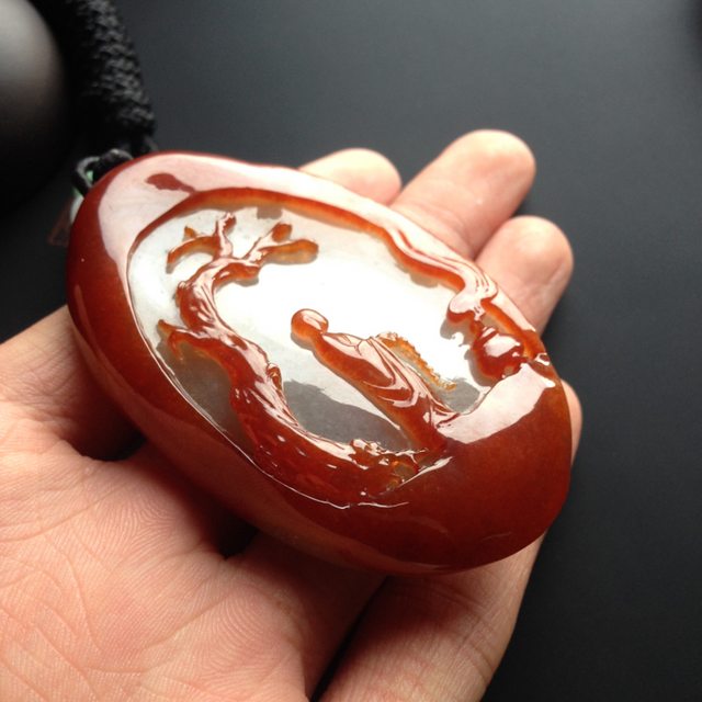 糯冰种红翡松下悟道 翡翠吊坠 尺寸68-43-12毫米