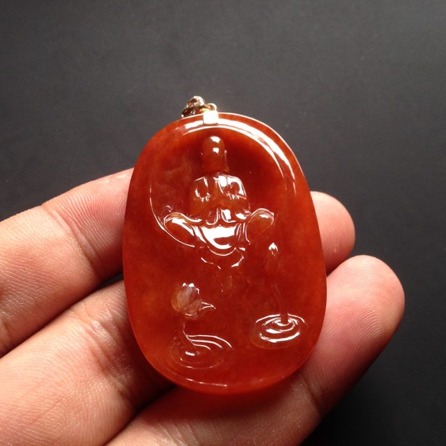 糯冰种红翡莲花悟道 翡翠吊坠 尺寸48-32-5毫米