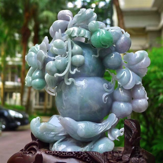 翡翠a货 糯冰春带彩 福如东海福禄双全葫芦摆件