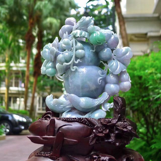 翡翠a货 糯冰春带彩 福如东海福禄双全葫芦摆件