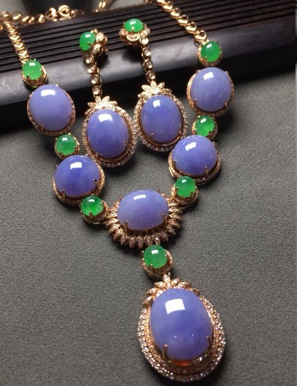 冰紫罗兰翡翠项链耳钉套装