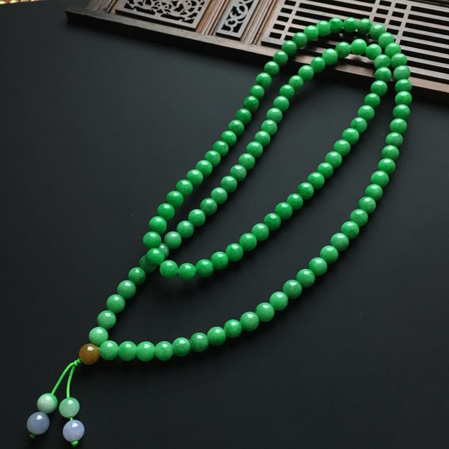 糯冰种阳绿翡翠佛珠项链 共108颗