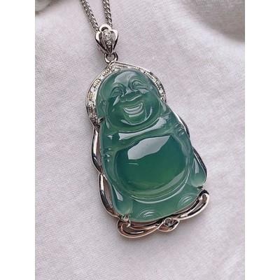 18k金镶嵌 冰透蓝水站佛翡翠吊坠