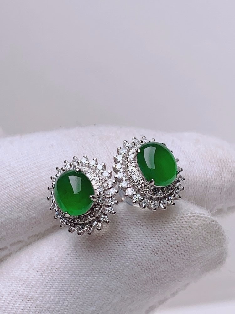 18k金镶嵌 冰透满色翡翠耳钉